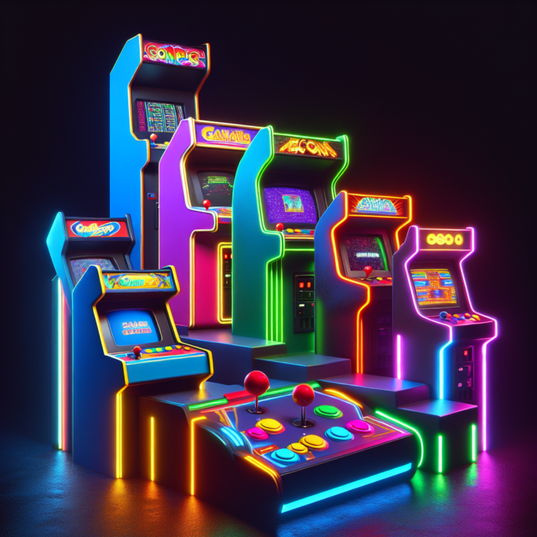 A neon-lit arcade game console with changing designs and colors, representing the evolution of Family Entertainment Centers from the 1980s to the mode