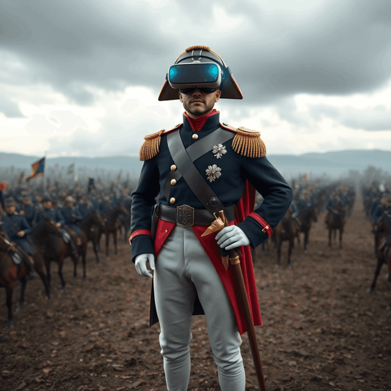 3D rendering of Napoleon in military uniform on a battlefield with digital overlays and VR headset elements, blending history and immersive technol...