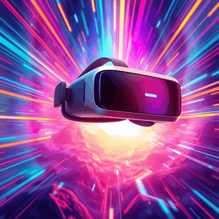 A sleek VR headset floating over a vibrant, futuristic digital landscape with colorful motion trails suggesting immersive virtual experiences.