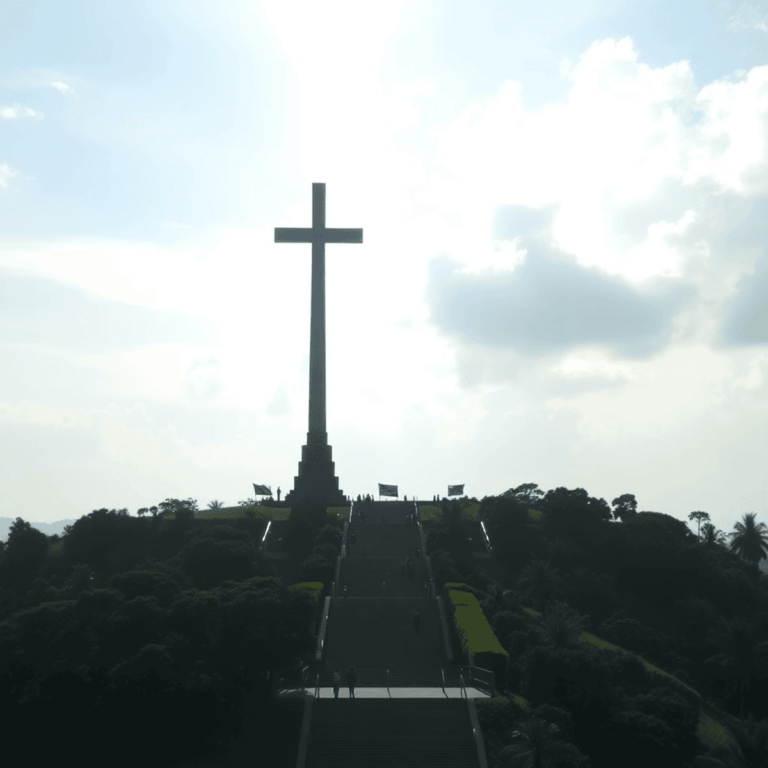 Majestic Mt. Samat National Shrine with large memorial cross against bright sky, symbolizing heroism and remembrance from World War II.