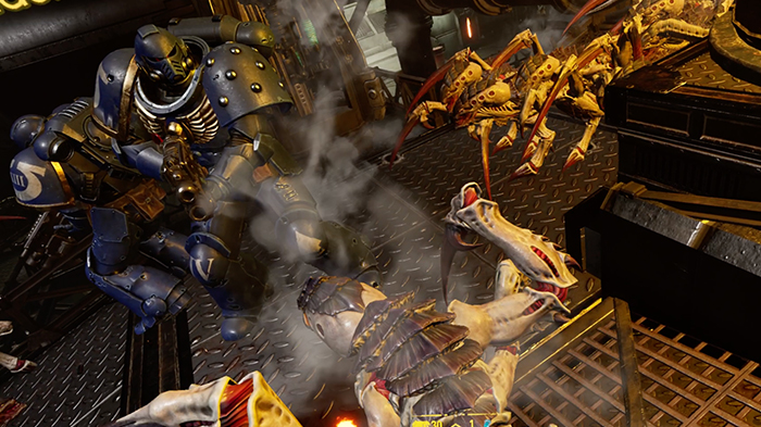 Zero Latency players confront relentless hordes horrifying Tyranids in Warhammer Threat Lethal mode.