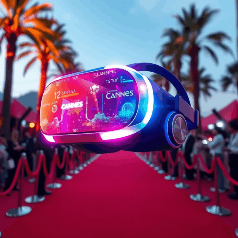A futuristic VR headset glowing with colorful digital effects on the Cannes Film Festival red carpet with palm trees in the background.