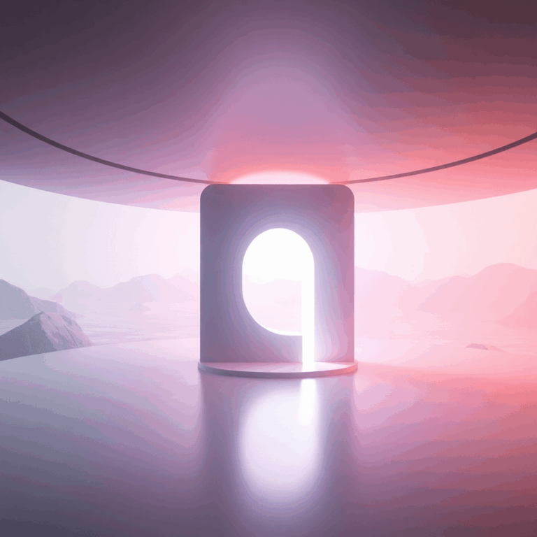 A glowing portal in a serene, futuristic virtual reality landscape with soft ambient light and minimalist digital surroundings, evoking introspection.