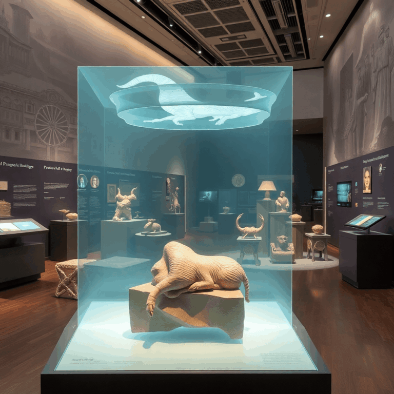 A modern museum exhibit with holographic 3D artifacts, digital interfaces, and VR elements showcasing innovation in preserving cultural heritage.