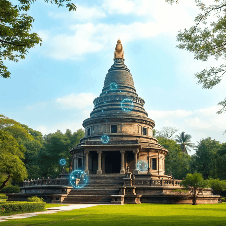 Ancient Buddhist stupa in lush greenery with glowing digital holograms and VR elements, blending historical heritage with modern AR/VR technology o...
