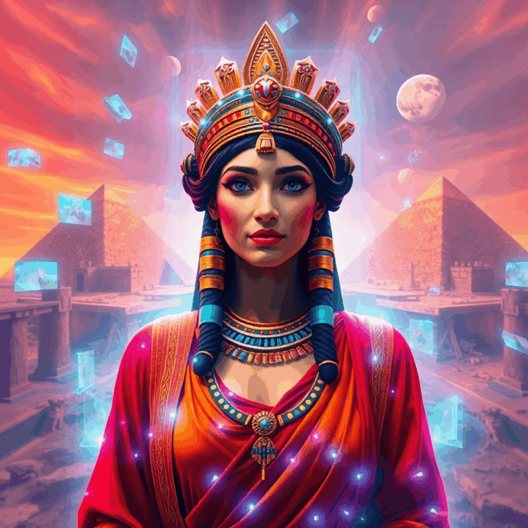 Cleopatra in regal attire surrounded by holograms and VR elements, set against pyramids and the Nile in a vibrant digital art scene.
