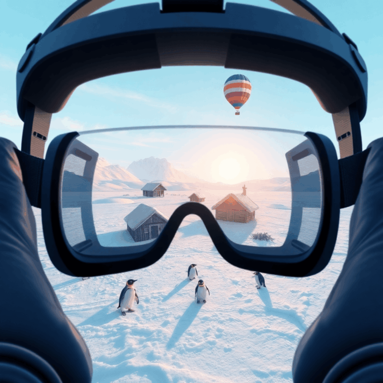 Digital illustration of a VR headset overlaying Antarctic landscape with explorer huts, penguins on ice, and a hydrogen balloon floating above.
