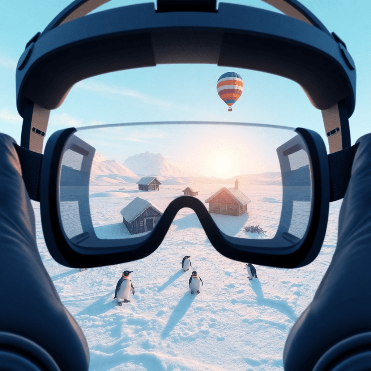Digital illustration of a VR headset overlaying Antarctic landscape with explorer huts, penguins on ice, and a hydrogen balloon floating above.