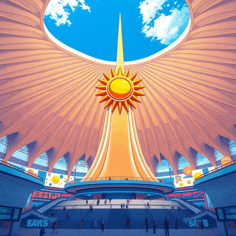 Digital illustration of the Tower of the Sun under a large futuristic roof at the 1970 Osaka Expo, with clear skies and a lively atmosphere.