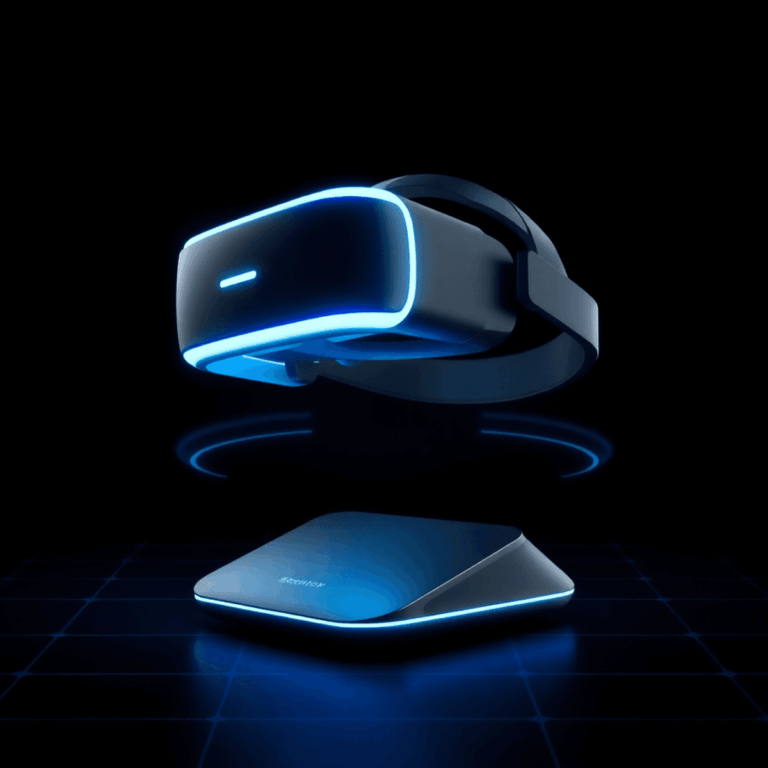 Futuristic VR headset glowing blue, floating above a sleek device on a dark background with digital grid patterns symbolizing wireless connectivity.