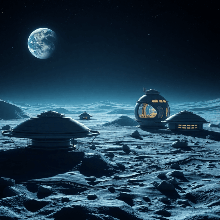 Futuristic lunar colony with sleek habitats on the moon, advanced tech, and glowing Earth in a dark starry sky, showcasing space exploration in 2055.