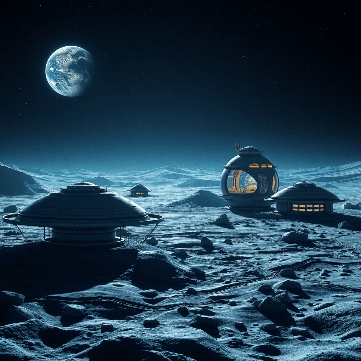 Futuristic lunar colony with sleek habitats on the moon, advanced tech, and glowing Earth in a dark starry sky, showcasing space exploration in 2055.