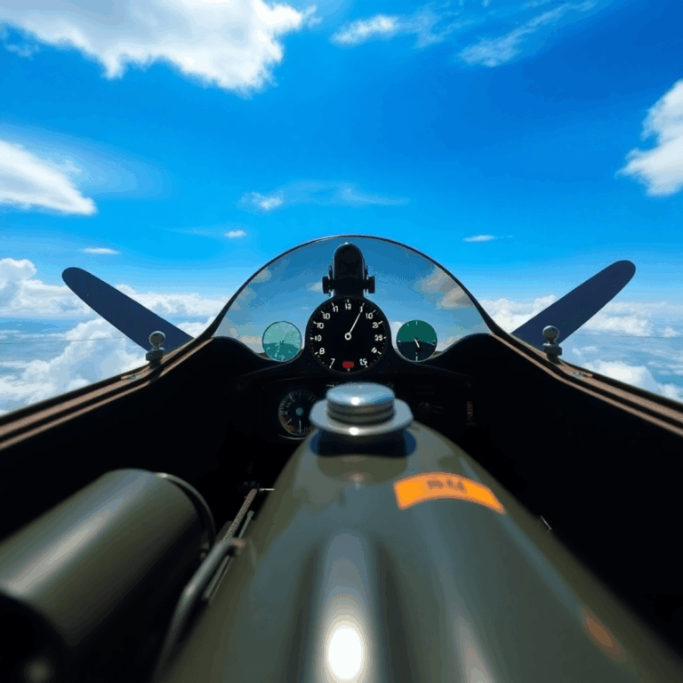 Inside a sleek Spitfire cockpit with digital HUD, flying through a bright blue sky with clouds, showcasing advanced VR tech in an aviation museum.