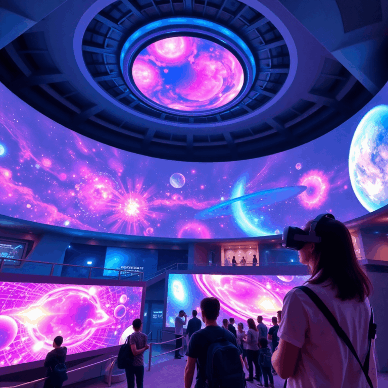 Interior of a futuristic space museum with vibrant digital displays and visitors wearing VR headsets exploring a cosmic environment inside a modern...