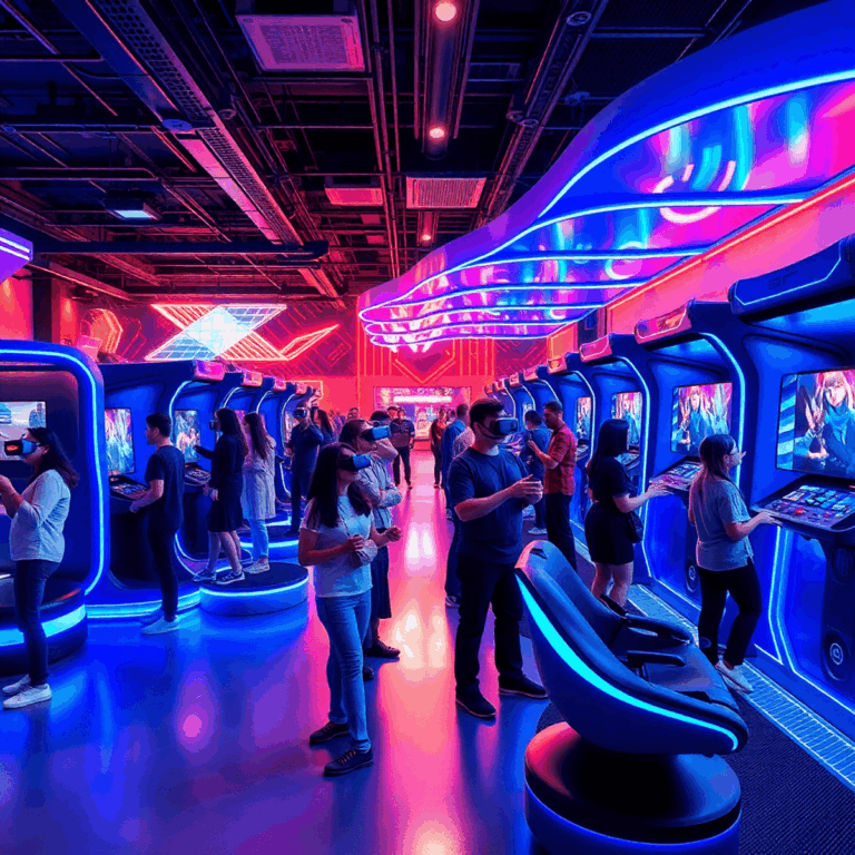 Interior of a modern VR arcade with advanced VR pods and free roam arenas, people enjoying immersive virtual reality gaming in a vibrant, futuristi...