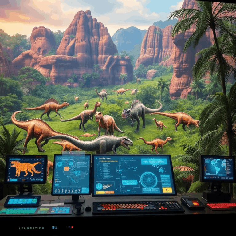 Lifelike dinosaurs in a lush prehistoric landscape with digital holographic displays and scientific equipment in a modern research lab setting.