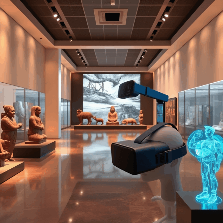 Modern museum interior displaying ancient stone sculptures and tribal art alongside VR headsets and holographic displays, blending heritage with te...