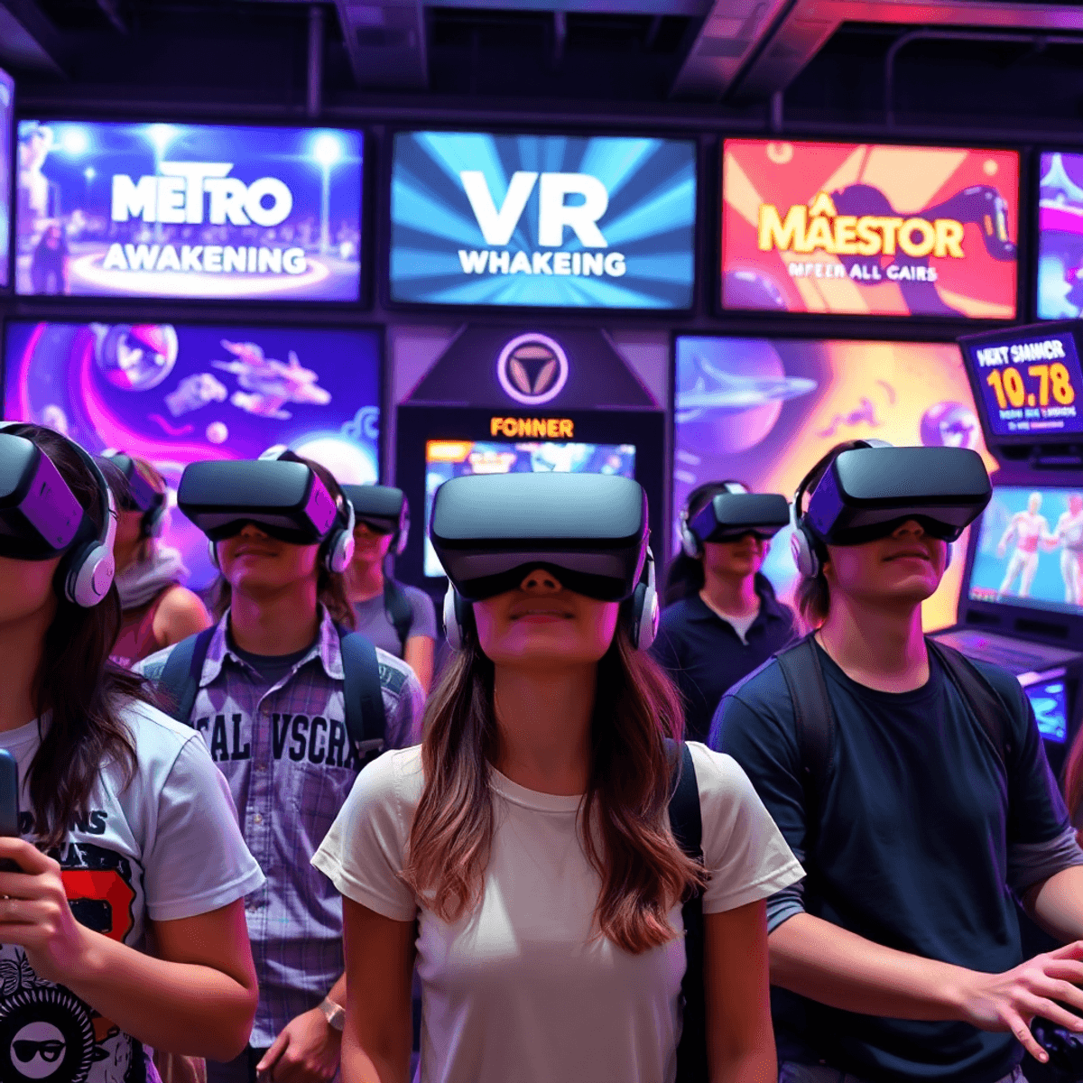 Players wearing VR headsets in a vibrant arcade with futuristic digital graphics of popular VR games, showcasing innovation and entertainment.