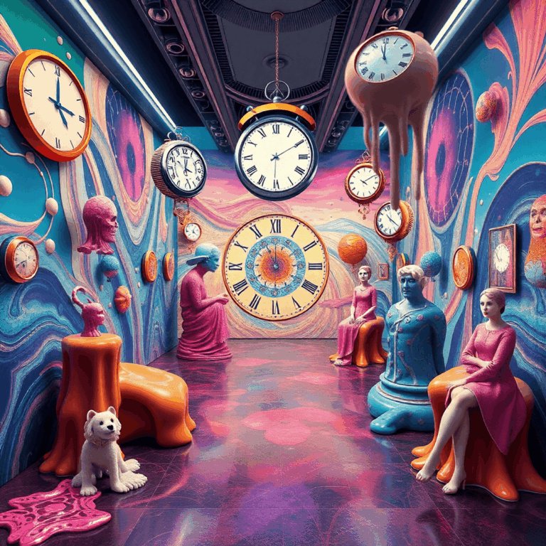 Surreal digital art gallery with floating clocks, melting shapes, and vibrant colors in a futuristic virtual reality environment.