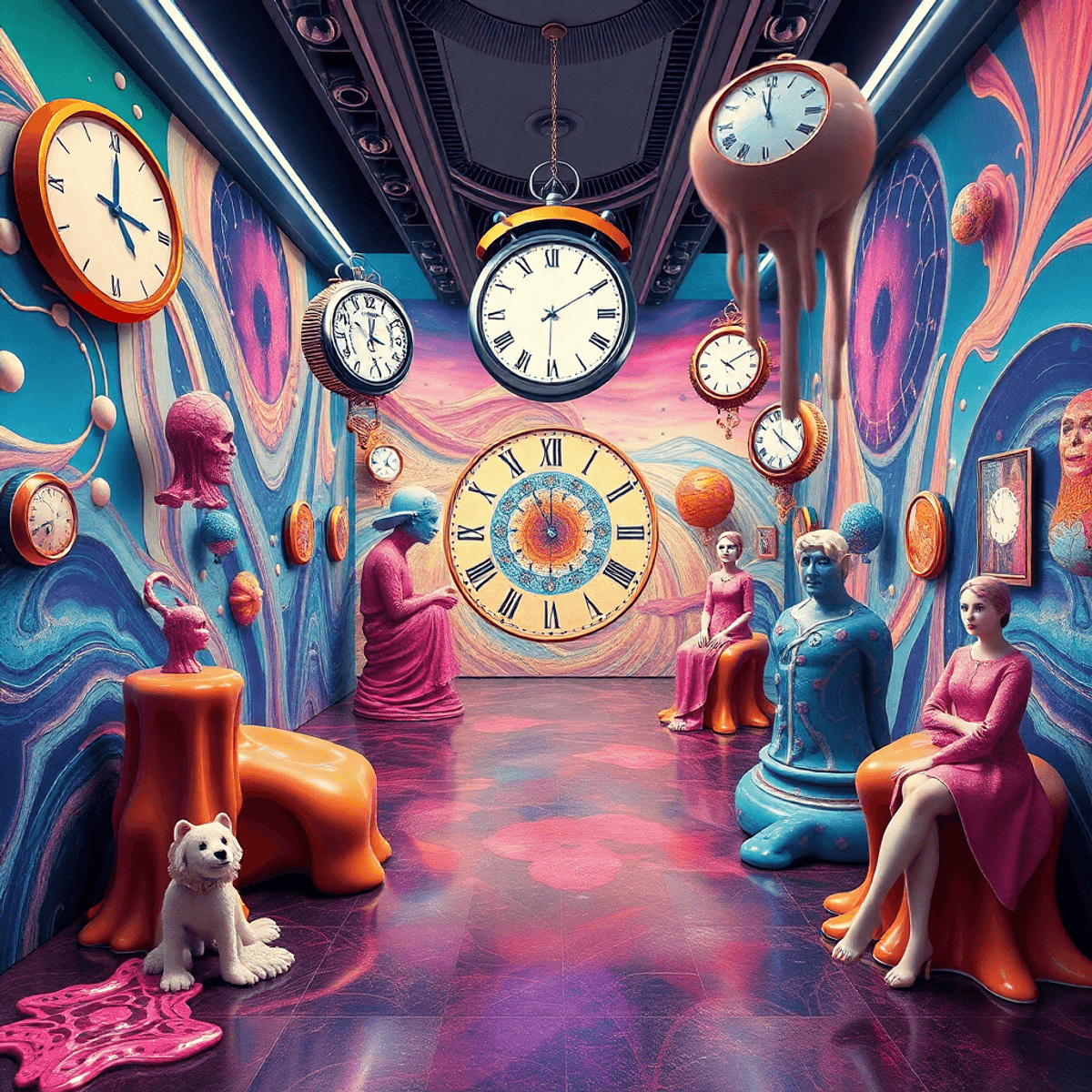 Surreal digital art gallery with floating clocks, melting shapes, and vibrant colors in a futuristic virtual reality environment.