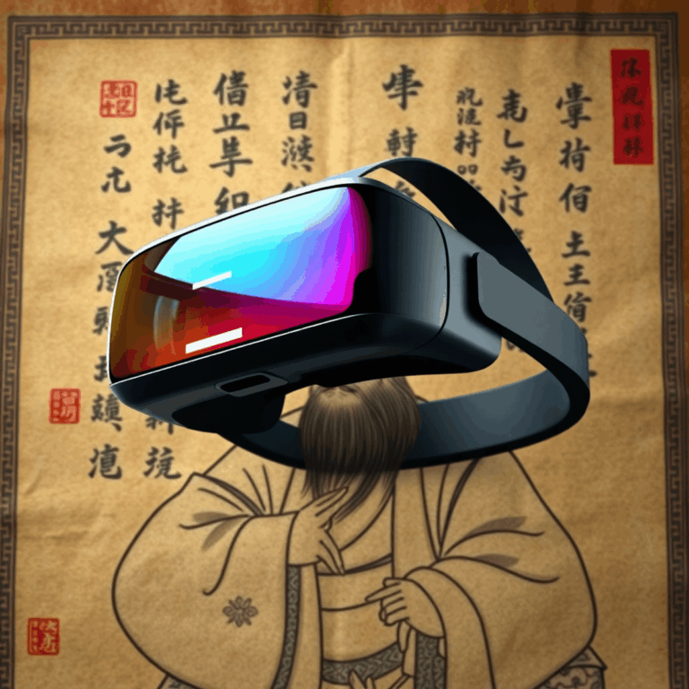 A VR headset floats above an ancient Chinese scroll of Su Shi, blending traditional Song Dynasty art with modern digital and virtual reality elements.