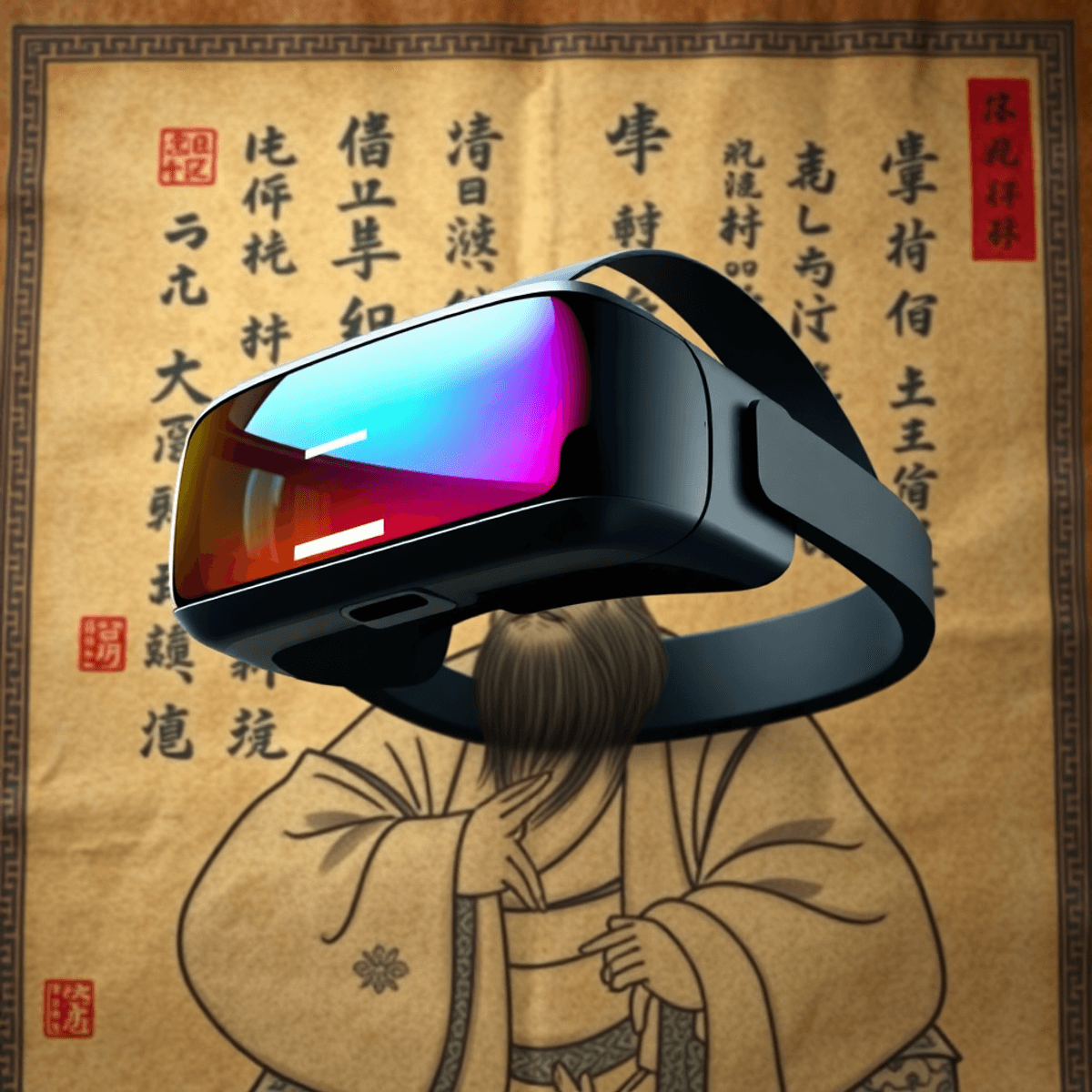 A VR headset floats above an ancient Chinese scroll of Su Shi, blending traditional Song Dynasty art with modern digital and virtual reality elements.