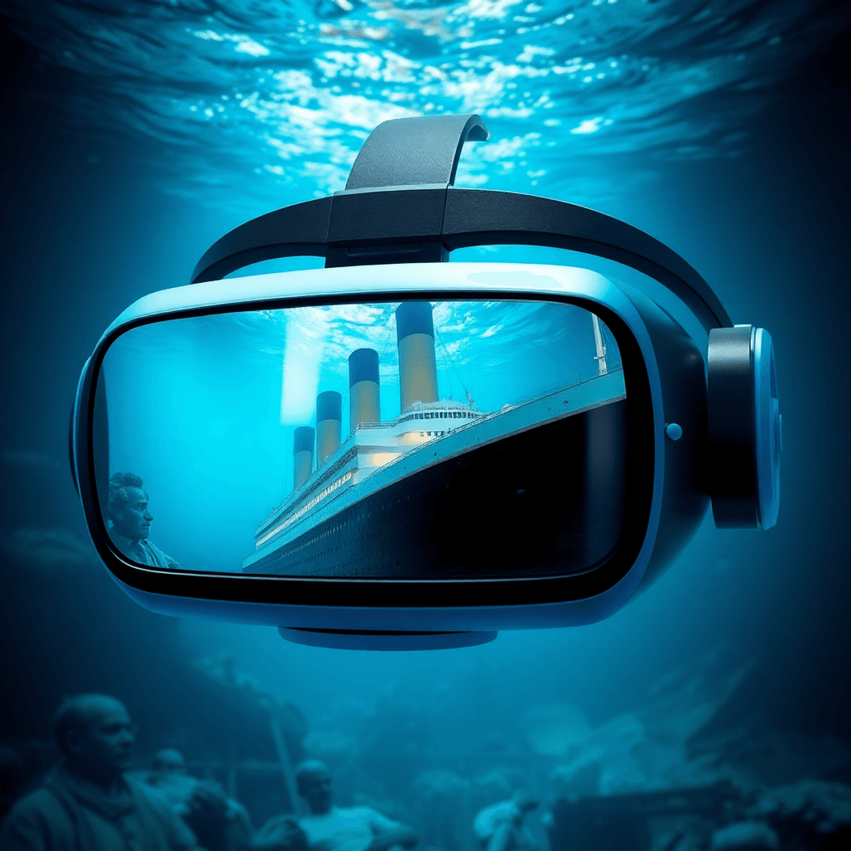 A futuristic VR headset showing an immersive 1912 Titanic underwater scene with glowing blue ocean depths and historical details in a realistic style.