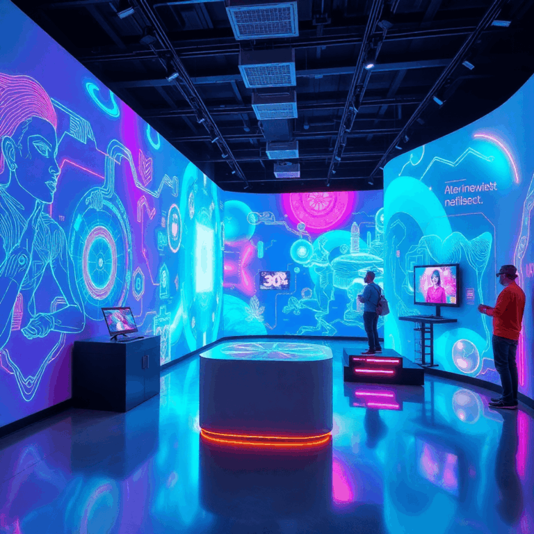A futuristic digital art space with glowing AR installations, immersive VR setups, and interactive tech blending art, gaming, and AI.