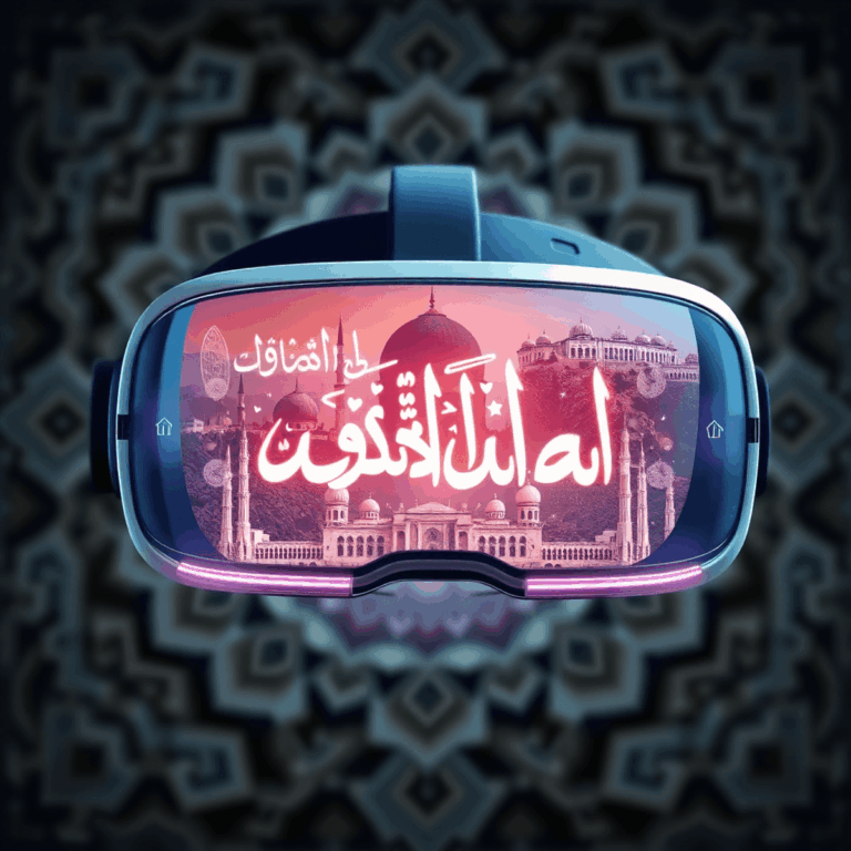 A modern VR headset showing immersive Islamic scenes with glowing Arabic calligraphy and geometric patterns blending technology and cultural heritage.