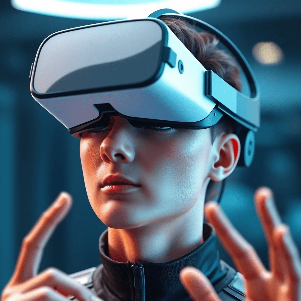 A realistic digital avatar wearing a VR headset and smart glasses, displaying lifelike facial expressions and gestures in a futuristic virtual real...