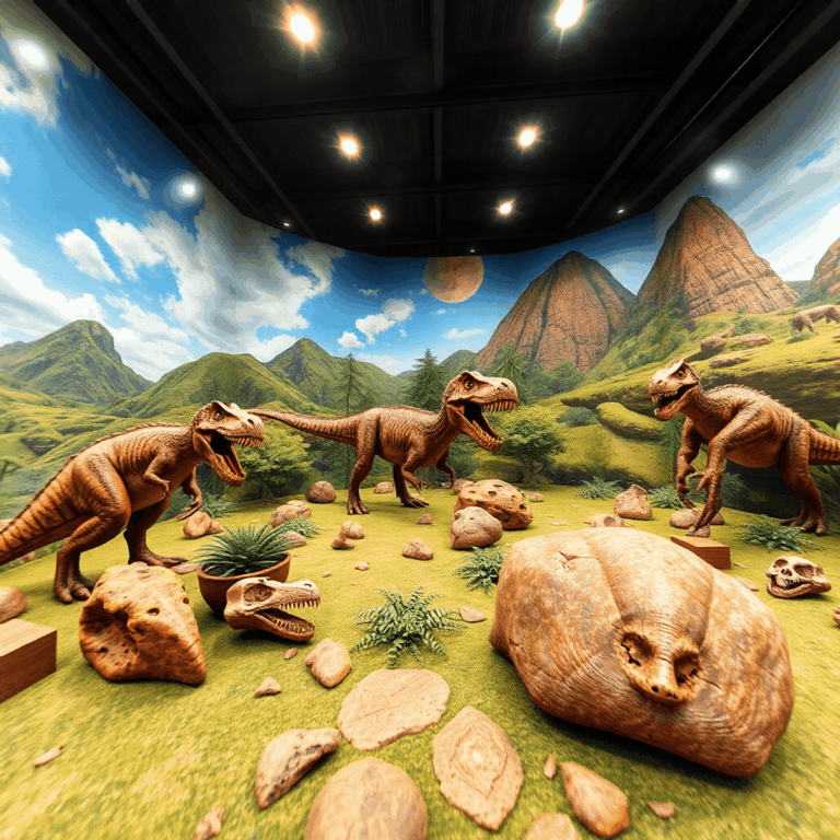 A realistic virtual reality prehistoric landscape with animated dinosaurs, ancient fossils, 360° technology, and spatial audio waves in a futuristi...