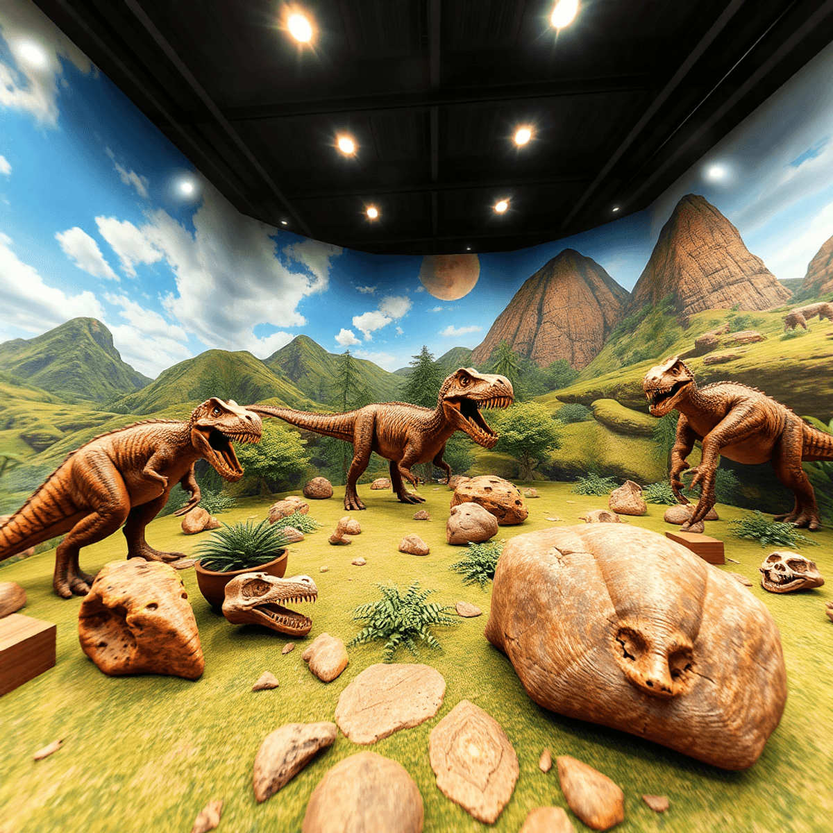 A realistic virtual reality prehistoric landscape with animated dinosaurs, ancient fossils, 360° technology, and spatial audio waves in a futuristi...