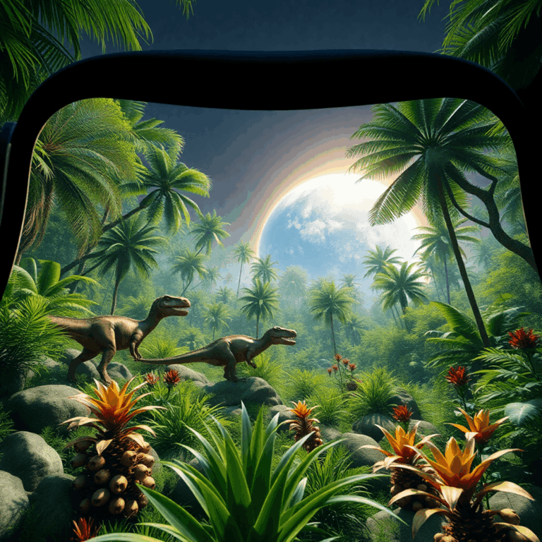 A realistic virtual reality scene of a lush prehistoric forest with dinosaurs, ancient plants, and a glowing Earth in the background.
