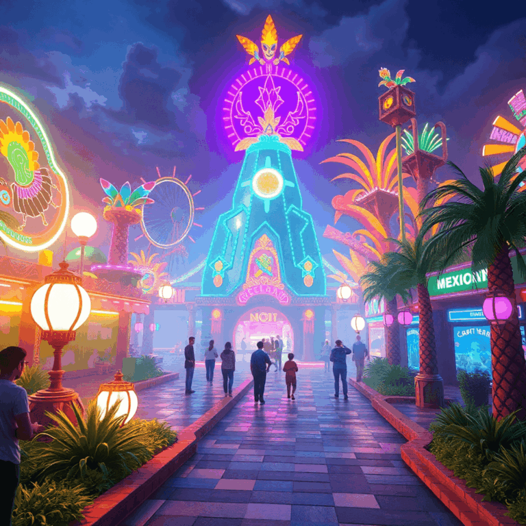 A vibrant theme park with glowing digital elements blending into a colorful environment, showcasing futuristic mixed reality and immersive storytel...