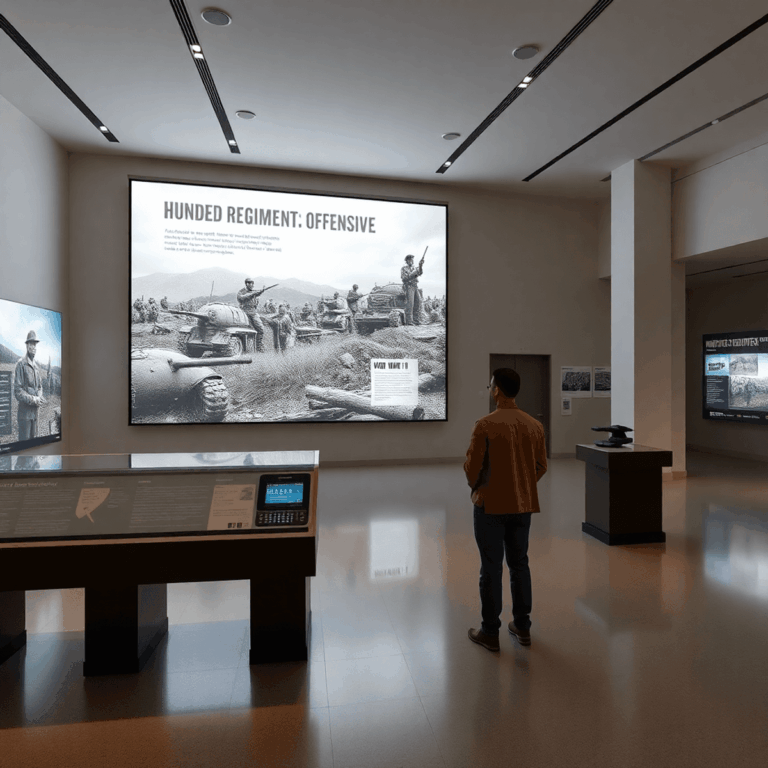 Bright modern museum interior with large digital screens and VR exhibits showcasing World War II history and the Hundred Regiments Offensive.