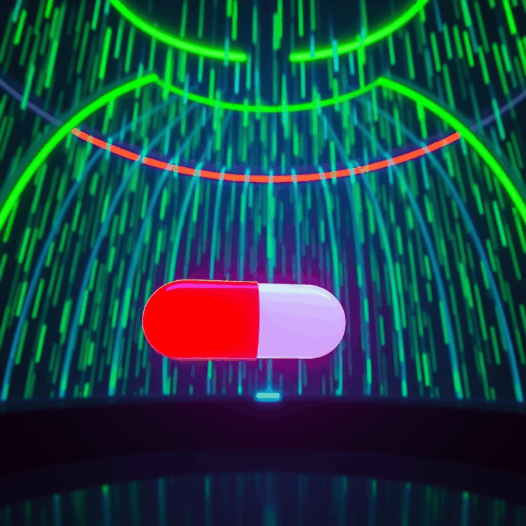 Futuristic cinema dome with neon green and blue digital rain, glowing red and blue pills floating in front of a dark high-tech background.