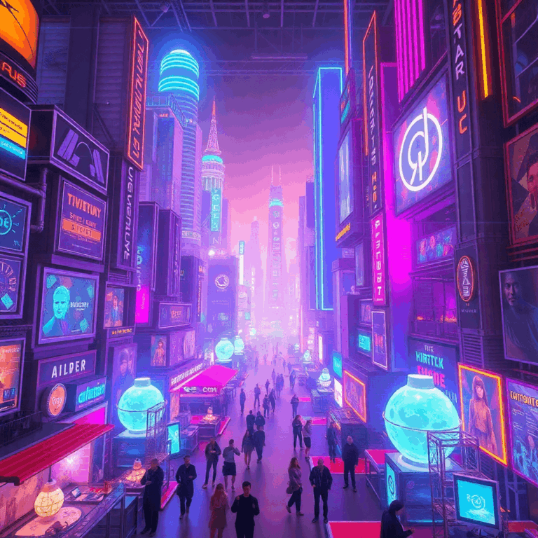 Futuristic cityscape with glowing AR overlays and physical art installations blending technology and immersive storytelling in a vibrant entertainm...