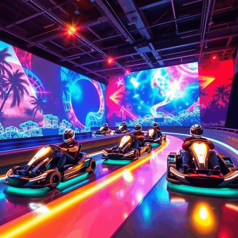 Futuristic indoor karting arena with glowing track, sleek electric karts racing, dynamic digital projections, and holographic effects in a vibrant ...