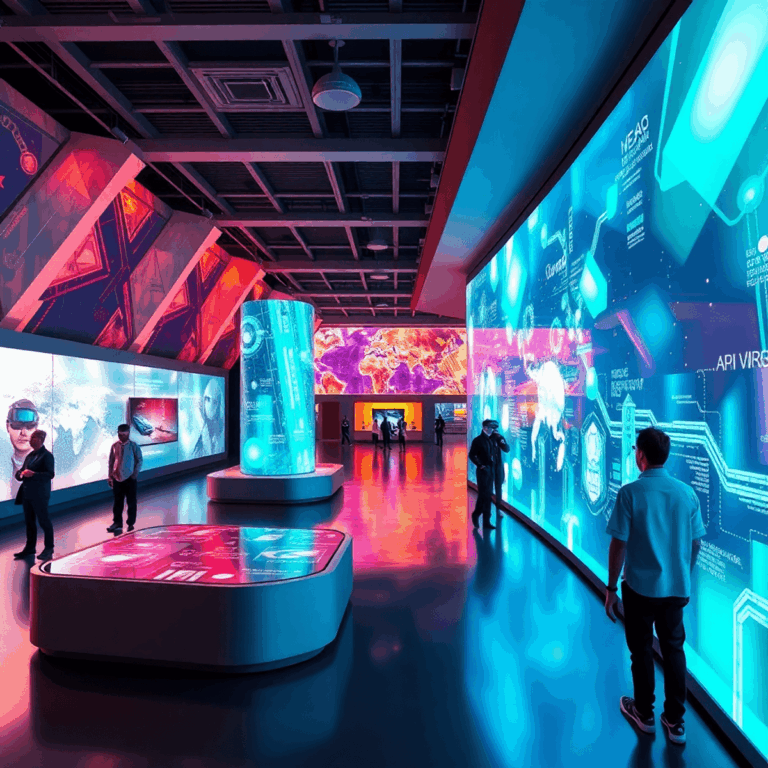 Futuristic museum interior with glowing AI displays, VR and AR exhibits, modern architecture, and a vibrant, tech-driven atmosphere, no people.