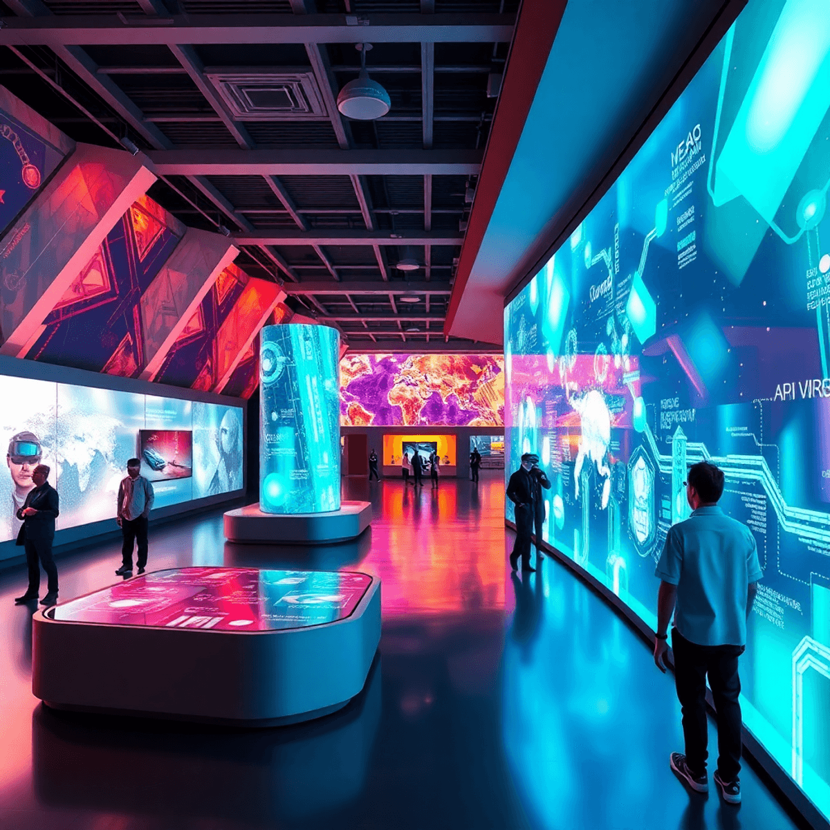 Futuristic museum interior with glowing AI displays, VR and AR exhibits, modern architecture, and a vibrant, tech-driven atmosphere, no people.