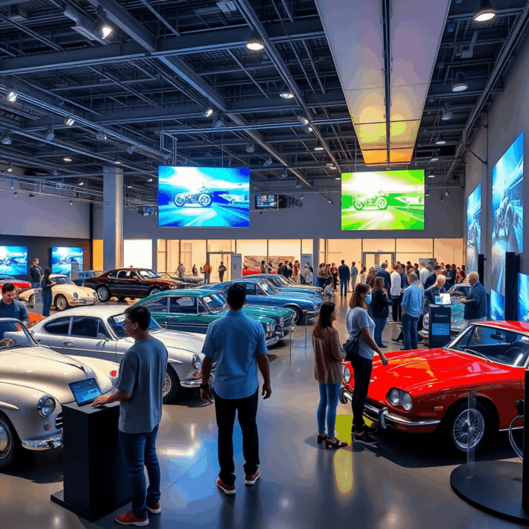 Interior of a modern auto museum with classic cars, VR stations, vibrant lighting, and visitors engaging with interactive simulators.