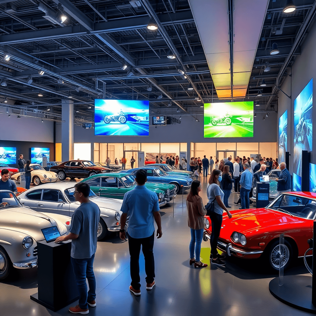 Interior of a modern auto museum with classic cars, VR stations, vibrant lighting, and visitors engaging with interactive simulators.