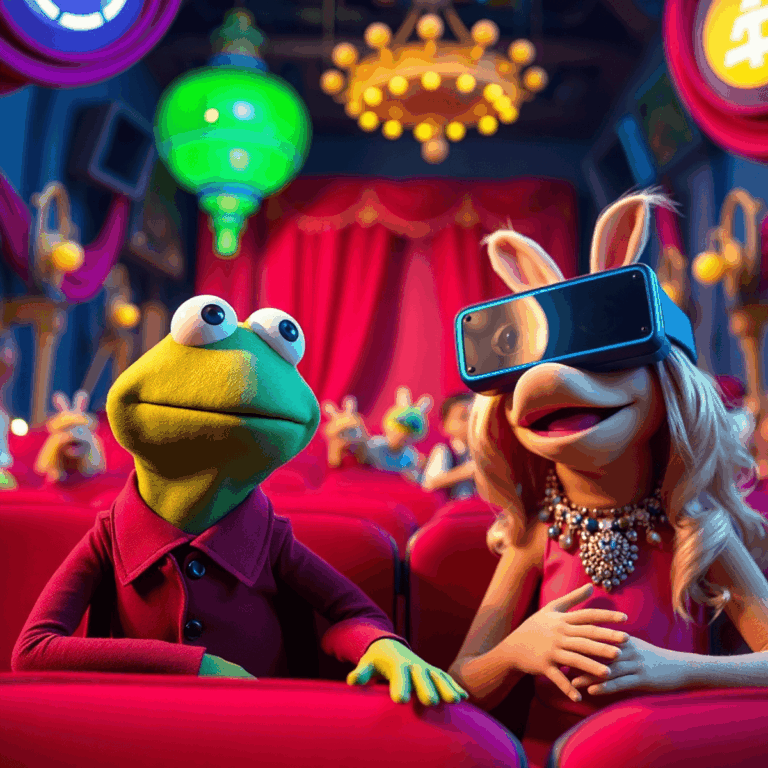 Kermit and Miss Piggy in a colorful 3D theater with VR headsets and digital effects, blending classic puppetry and modern technology.