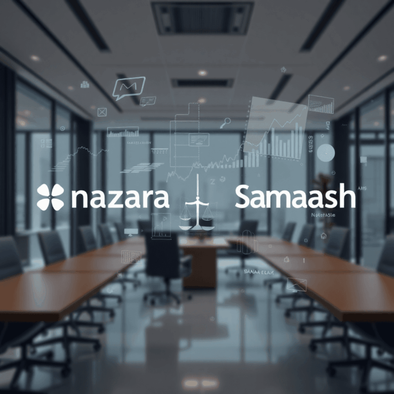 Modern office with digital legal documents, financial charts, and Nazara and Smaaash logos, symbolizing business acquisition in the gaming industry.