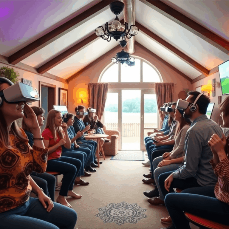People enjoying immersive VR games in a cozy rural hotel blending modern technology with traditional Irish countryside decor.