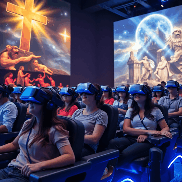 People wearing VR headsets on motion chairs, surrounded by glowing biblical imagery and digital effects in a vibrant theme park setting.
