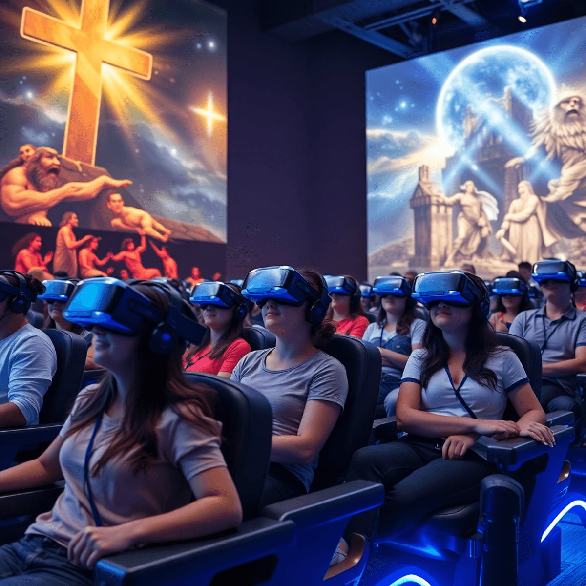 People wearing VR headsets on motion chairs, surrounded by glowing biblical imagery and digital effects in a vibrant theme park setting.