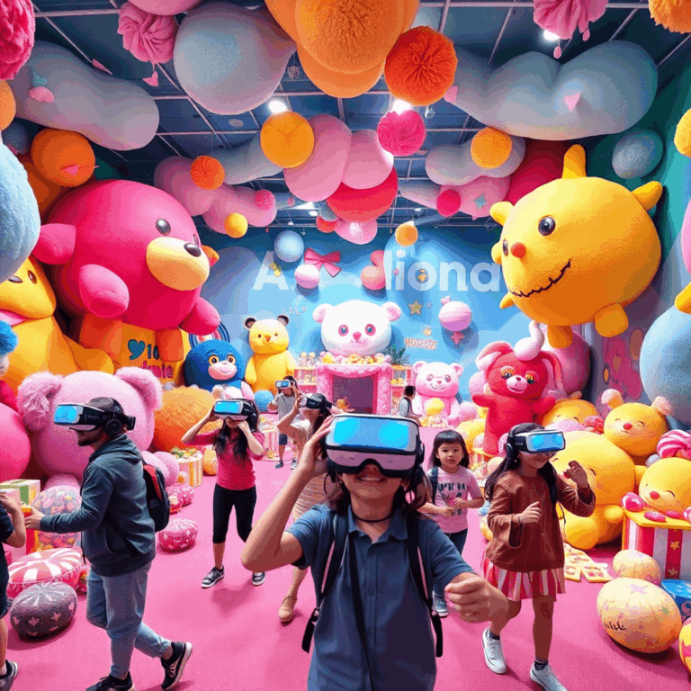 Players wearing VR headsets explore a colorful fantasy world with oversized plush toys and candy treasures in a spacious, family-friendly play area.