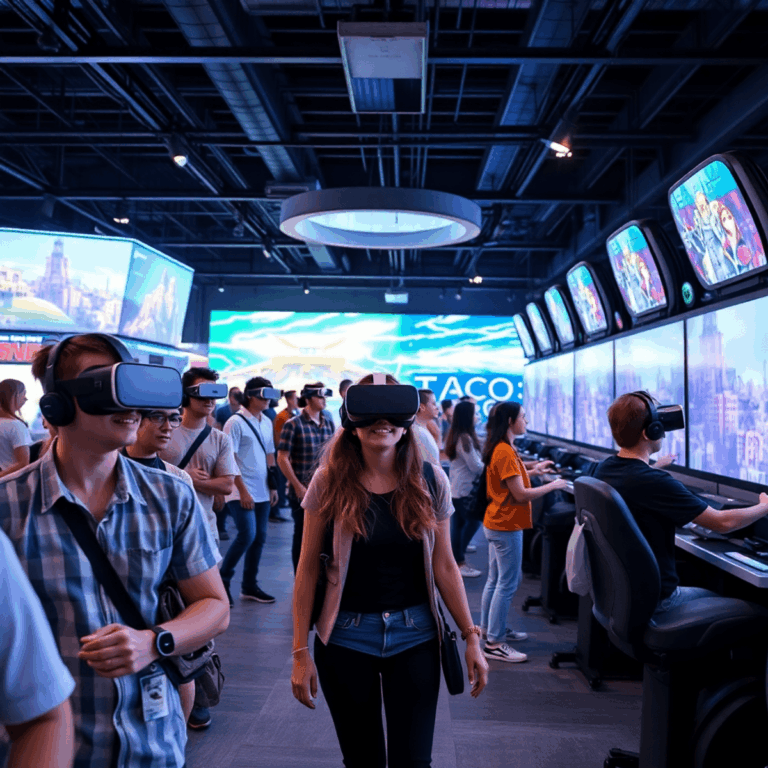Players wearing VR headsets interact with advanced simulators in a vibrant, high-tech arcade filled with dynamic lighting and futuristic gaming equ...