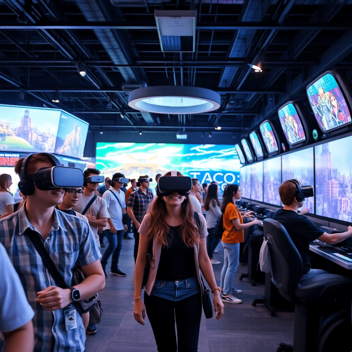Players wearing VR headsets interact with advanced simulators in a vibrant, high-tech arcade filled with dynamic lighting and futuristic gaming equ...